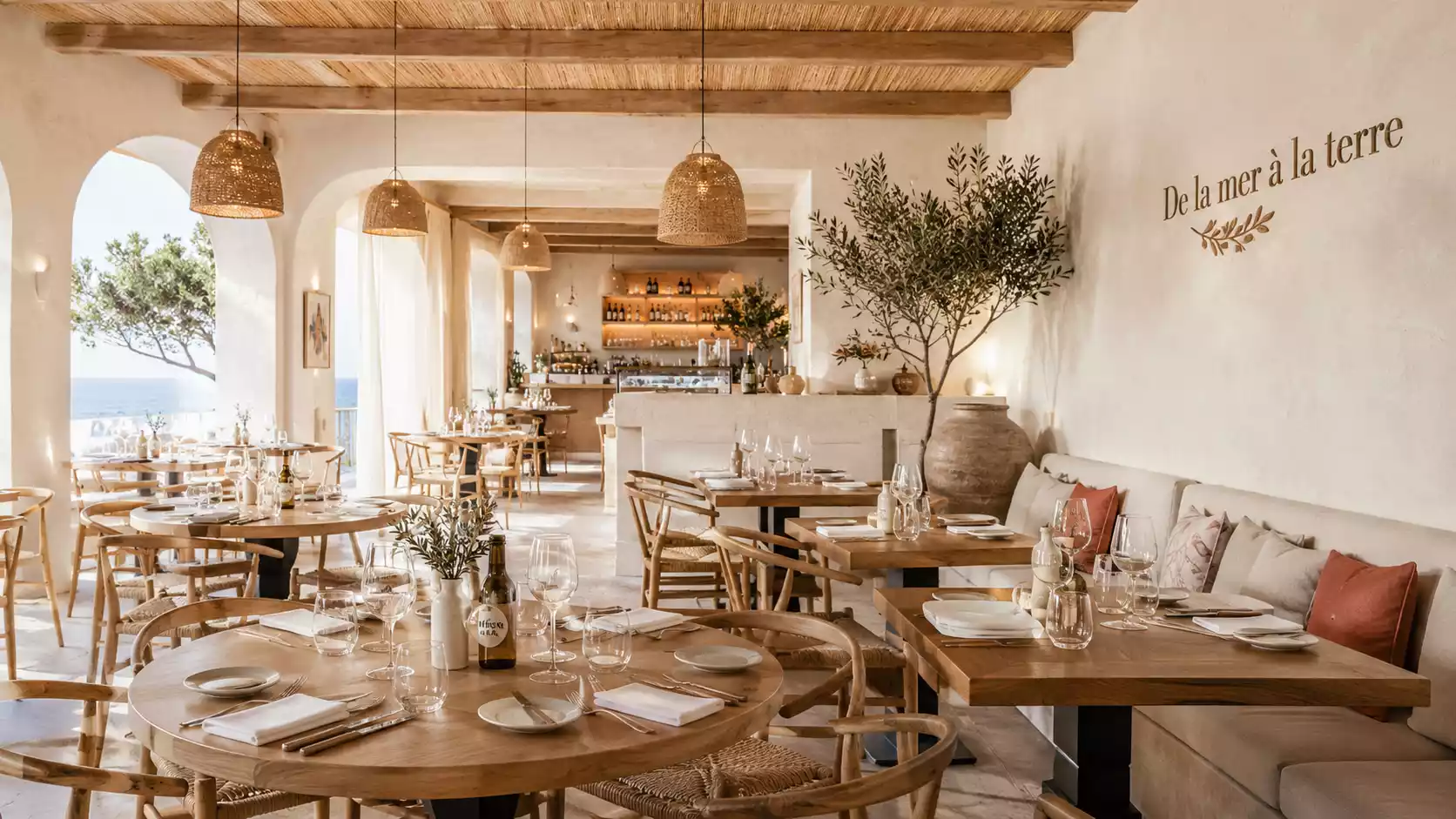 Intérieur chaleureux du restaurant avec vue sur la mer