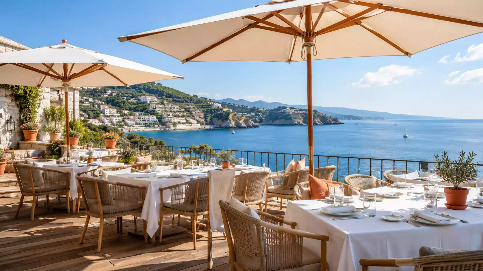 Terrasse ensoleillée avec vue panoramique sur la mer